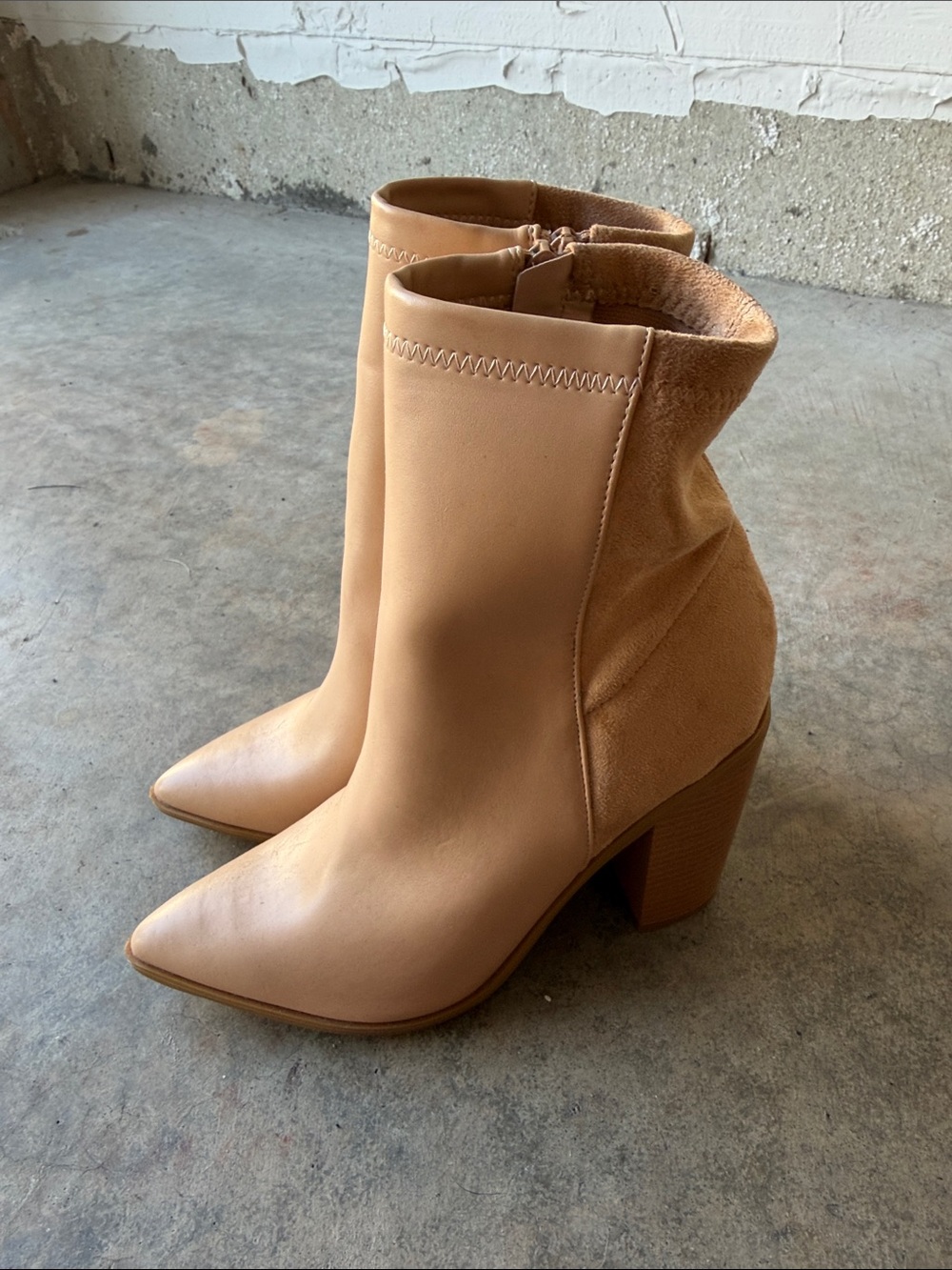 Lulu's Tan Pointed Ankle Boots with Block Heel